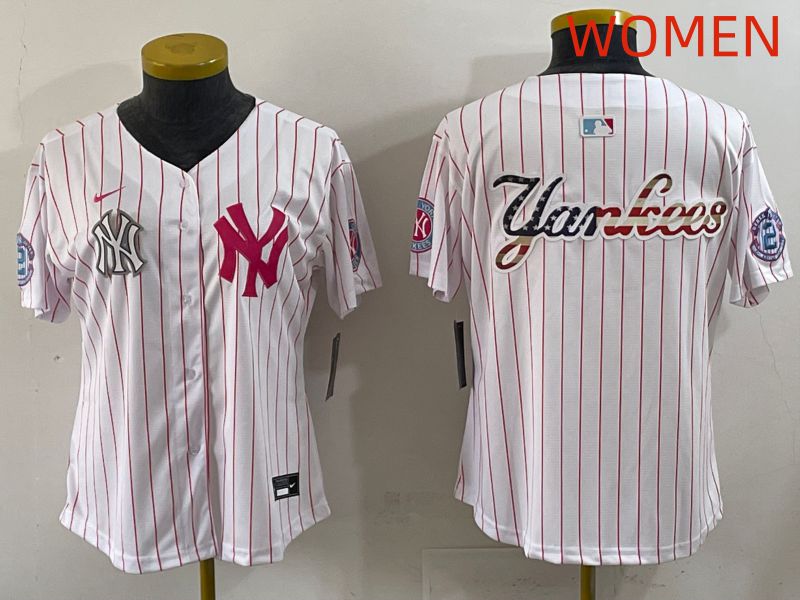 Women 2025 New York Yankees Blank White Stripe Joint Name Nike MLB Jersey style 9->youth mlb jersey->Youth Jersey